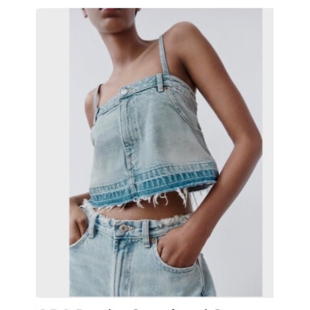 New Zara Size M Reconstructed Denim Cropped Cami Top Distressed Jean Raw Hem